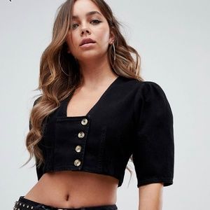 ASOS Crop Top with Puff Sleeve in Washed Black 0
